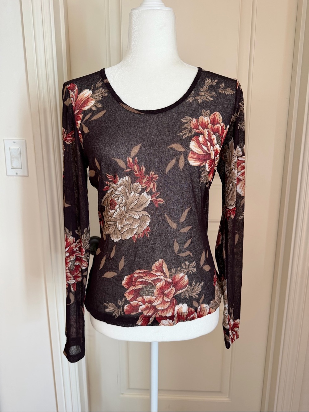 Karen Kane Burgundy and Brown sheer Floral Long-Sleeve Top L